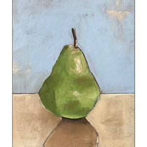 May include: A green pear with a brown stem sits on a light brown surface against a light blue background.