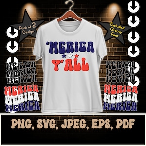 Merica Svg Png, Merica Yall Svg Png, Varsity Merica, 4 de julio Wavy Groovy Design, Descarga digital Svg Png Jpg Eps Dxf, Descarga instantánea