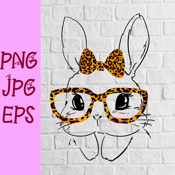 Cute Bunny Face With Leopard Print Glasses Easter Png,Funny Bunny Gift Design,Cute Cutting File,Png Jpg Eps Digital Instant Download