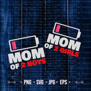 May include: Two white battery icons with red bars, one with the text "MOM OF 2 BOYS" and the other with the text "MOM OF 2 GIRLS". The icons are on a blue woodgrain background.