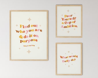 set of 3 | dolly parton printable wall art, digital download, pour yourself a cup of ambition, what would dolly do, find out who you are