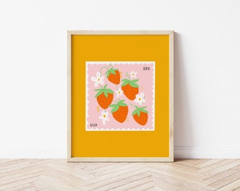 strawberry stamp original illustration, printable wall art, digital download, instant download, strawberry artwork, summer wall art
