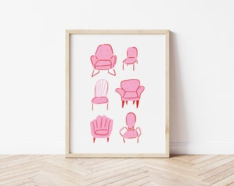pink chairs original illustration, digital download, pink illustrations, instant download, interior design artwork, wall art