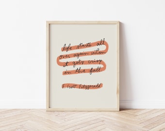 life starts all over again when it gets crisp in the fall, autumn printable wall art, hand lettering, fall aesthetic decor, digital download