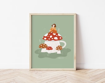 8 x 10 original illustration, girl on a mushroom mug, mushroom wall art, cottagecore