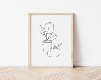 line art drawing printable wall art, plant wall art, printable wall art, black and white print