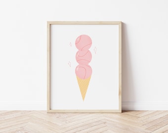 tennis ball ice cream original illustration, printable wall art, digital download