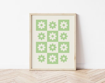 green/sage checkered pattern daisy wall art, printable wall art, digital download, neutral wall art, spring wall art