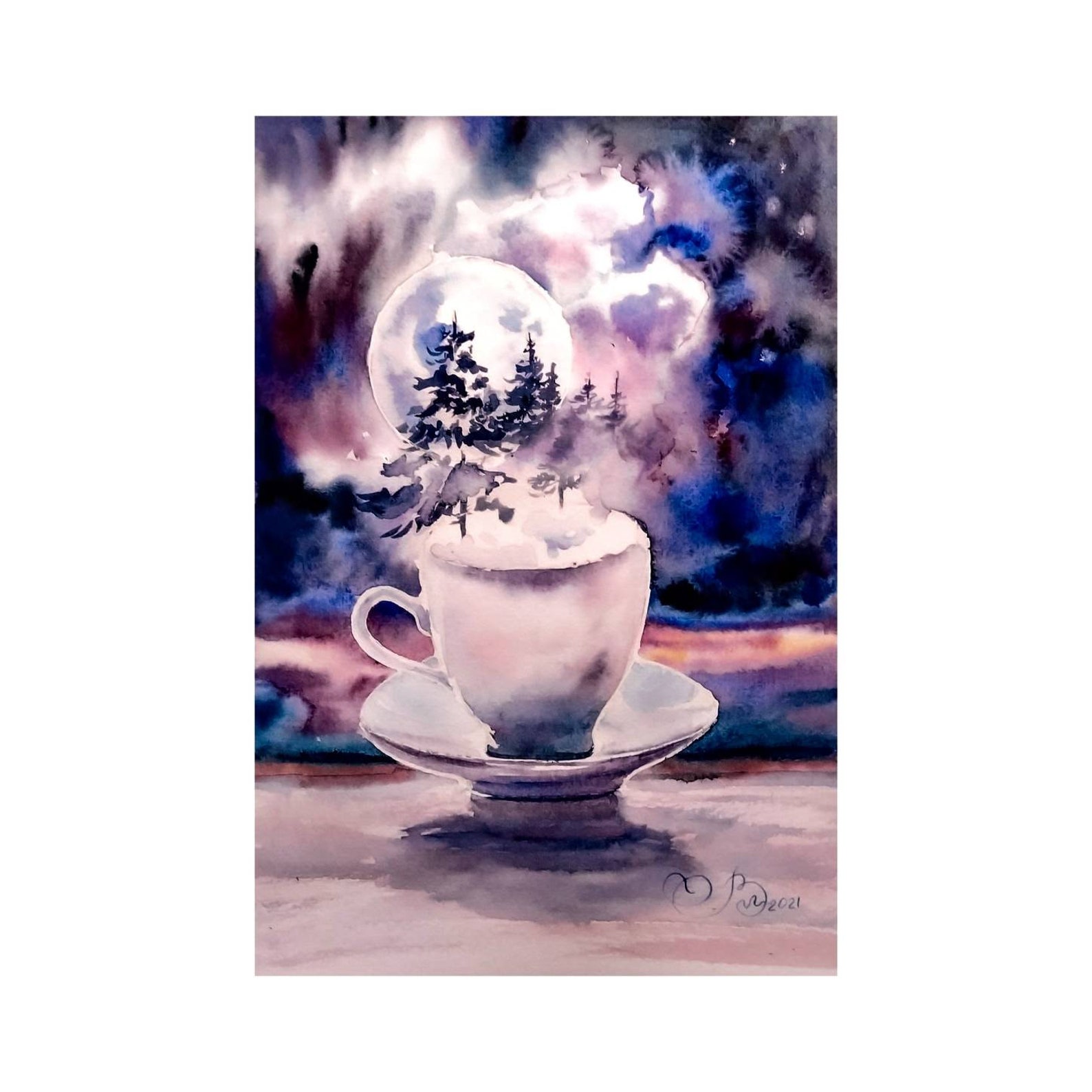 Tea Cup Painting Surrealism Original Art Tree Wall Art Moon Etsy