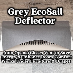 May include: A grey EcoSail Deflector with the text "Grey EcoSail Deflector" at the top. The text "Auto Opens/Closes Vent to Save Energy & Enhance Room Comfort Works Under Furniture & Drapes" is at the bottom. The deflector is designed to fit over a vent.