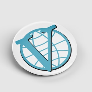 May include: A white button with a light blue design. The design features a globe with a light blue letter "V" superimposed over it. The button has a glossy finish and a slight shadow.