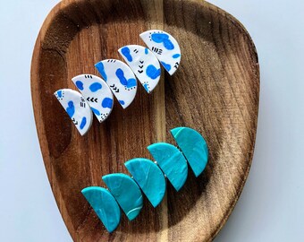 Mármol azul y barretas de clip de pelo estampados, clips de pelo de moda de media luna, accesorios minimalistas para el cabello, alfileres de pelo de arcilla polimérica