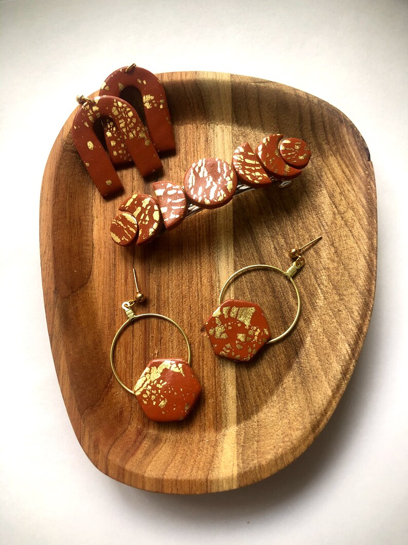 Terracotta and Gold Hexagon Hoop Earrings Polymer Clay Etsy