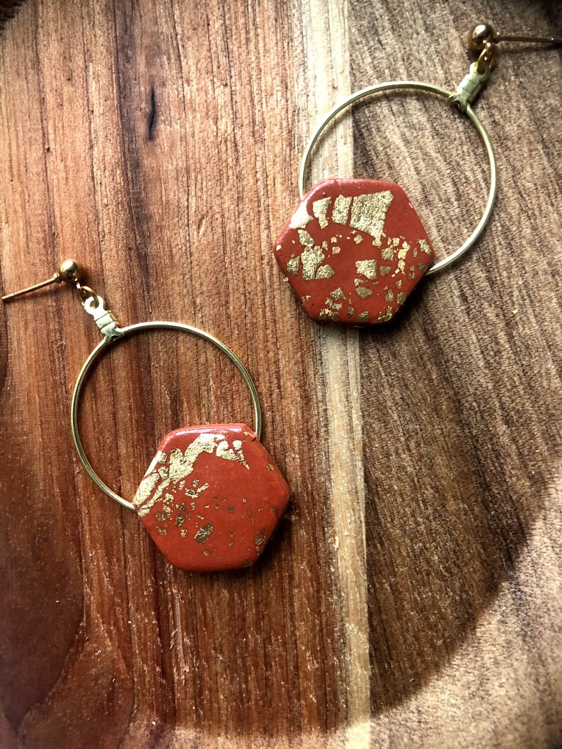 Terracotta and Gold Hexagon Hoop Earrings Polymer Clay Etsy