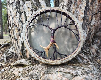 Yggdrasil Tree Shamanic Drum, 17" Goat Skin Tambourine