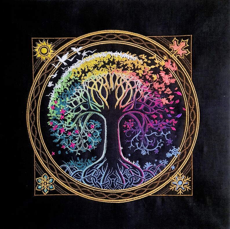 Embroidered Wall Art, Handcrafted Linen, Tree of Life With Seasonal ...