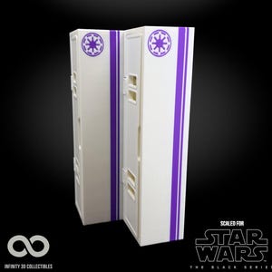 May include: Two white rectangular display cases with purple accents and Imperial symbols. The cases are designed for Star Wars The Black Series figures. The cases have the text "SCALED FOR STAR WARS THE BLACK SERIES".
