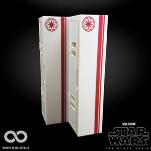 May include: Two white rectangular Star Wars display cases with red stripes and Imperial symbols. The cases have small rectangular cutouts and are set against a black background. The text "SCALED FOR STAR WARS THE BLACK SERIES" is visible.
