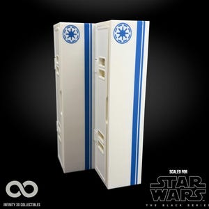 May include: Two white rectangular display cases with blue stripes and a blue emblem. The cases are scaled for Star Wars The Black Series. The cases are on a black background. The Infinity 3D Collectibles logo is in the lower left corner.