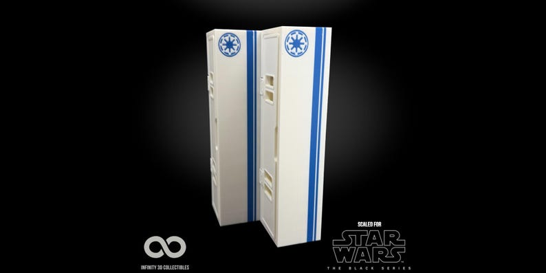 May include: Two white rectangular display cases with blue stripes and a blue emblem. The cases are scaled for Star Wars The Black Series. The cases are on a black background. The Infinity 3D Collectibles logo is in the lower left corner.