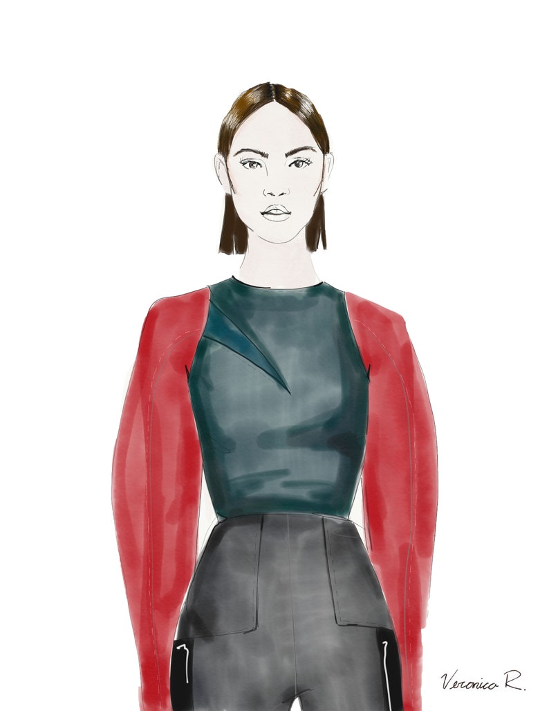 Puede incluir: Una ilustraci&oacute;n de moda de una mujer con una chaqueta roja, un top verde oscuro y pantalones negros. La mujer tiene el pelo corto casta&ntilde;o y mira directamente al espectador.