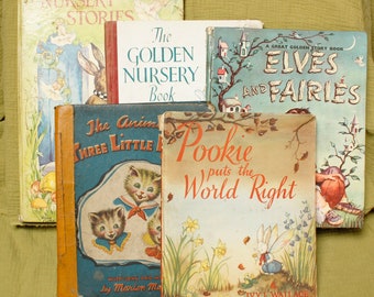 Vintage Nursery Book Bundle - Pookie sets the World right - Elves and Fairies - Little Kittens - Golden Nursery Book and more