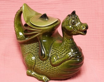 Théière Dragon vintage - Poterie émaillée verte - Théière fantaisie