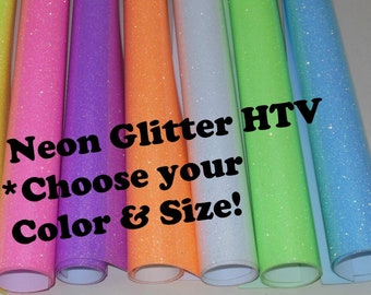 May include: A variety of neon glitter heat transfer vinyl (HTV) rolls in different colors, including orange, yellow, pink, purple, orange, white, green, and blue. The text on the image reads "Siser Neon Glitter HTV * Choose your Color & Size!"