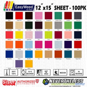 Siser Easyweed HTV Heat Transfer Vinyl - 12&quot;x15&quot; - 100 pack - Message your color selection!