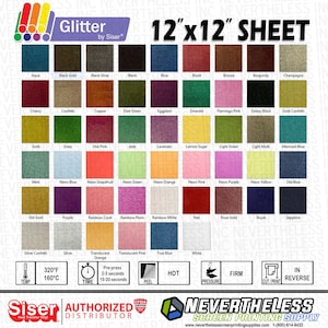 May include: A chart of 12x12 inch heat transfer vinyl sheets in various colors. The colors are arranged in rows and columns, with the names of each color listed below. The chart also includes information about the temperature and pressure settings for using the vinyl.