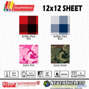 May include: Four 12x12 inch heat transfer vinyl sheets with different patterns: Buffalo Plaid Red, Buffalo Plaid Blue, Camo Pink, and Camo Green. The sheets are for use with a heat press and are suitable for use on fabric.