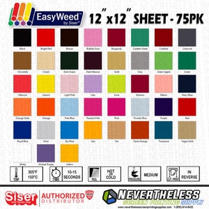 Siser Easyweed HTV Heat Transfer Vinyl - 12&quot;x12&quot; - 75 pack - Selec your own colors!