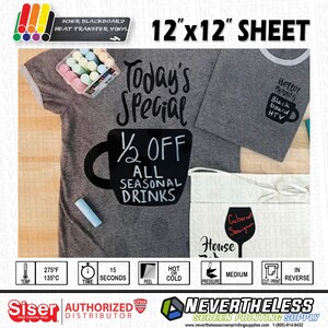 May include: A 12x12 inch sheet of black chalkboard heat transfer vinyl. The vinyl is shown applied to a grey t-shirt with the text "Today's Special 1/2 Off All Seasonal Drinks" and a coffee cup graphic. The vinyl is also shown applied to a white t-shirt with the text "House Cabernet Sauvignon" and a wine glass graphic. The vinyl is also shown applied to a grey t-shirt with the text "Hello Managers! Black Board HTV" and a coffee cup graphic.