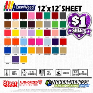 Puede incluir: Una tabla de colores para hojas de vinilo de transferencia térmica EasyWeed de Siser de 30,48 cm por 30,48 cm. La cuadrícula muestra varias muestras de color con nombres como Negro, Rojo y Oro. Incluye instrucciones de aplicación a 150 grados Celsius.