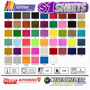 May include: A color chart of Glitter by Siser heat transfer vinyl sheets featuring a wide variety of colors including aqua, black, blue, pink, green, and gold. The chart includes application instructions for temperature, time, and pressure.