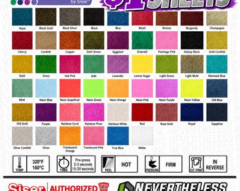May include: A color chart of Glitter by Siser heat transfer vinyl sheets featuring a wide variety of colors including aqua, black, blue, pink, green, and gold. The chart includes application instructions for temperature, time, and pressure.