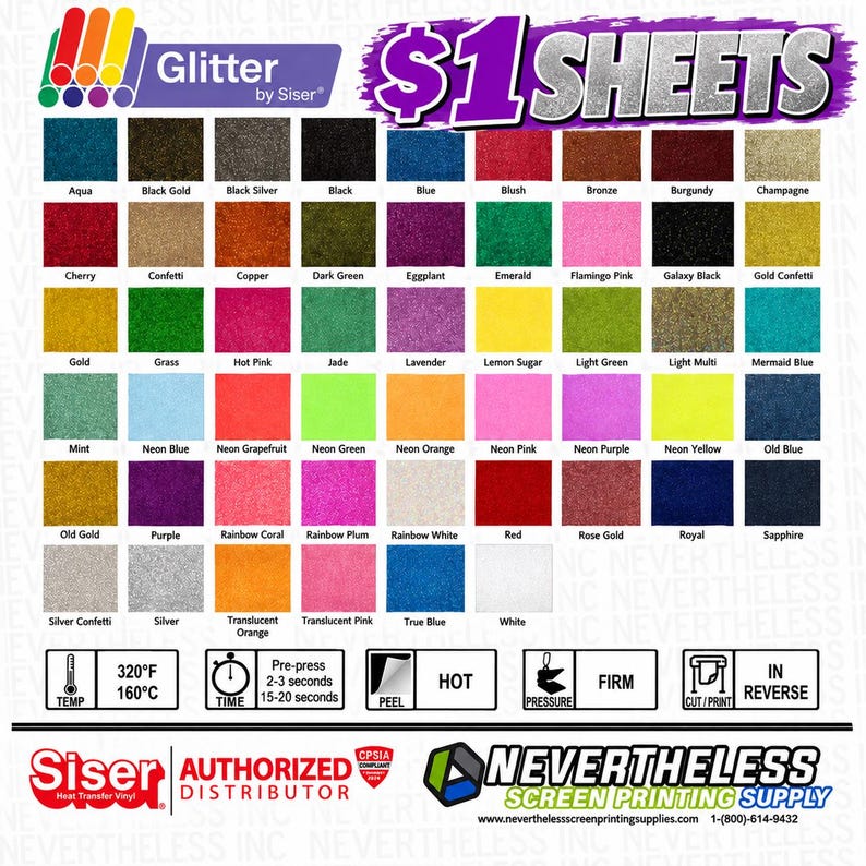 May include: A color chart of Glitter by Siser heat transfer vinyl sheets featuring a wide variety of colors including aqua, black, blue, pink, green, and gold. The chart includes application instructions for temperature, time, and pressure.