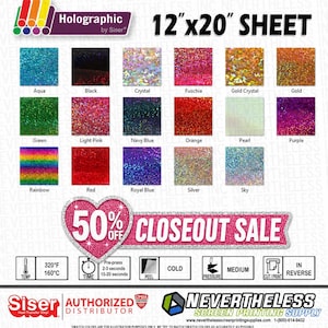 ONE DOLLAR sale !  --  Siser Holographic HTV - 12"x20" Sheets - Heat Transfer Vinyl - Glitter Transfer - Iron On or Heat Press