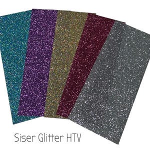 May include: Five rolls of Siser Glitter Heat Transfer Vinyl (HTV) in different colors: teal, purple, gold, burgundy, and gray.