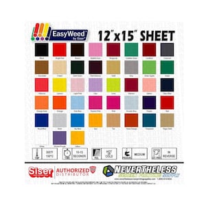 May include: A color chart of 12" x 15" EasyWeed heat transfer vinyl sheets. The chart shows 36 different colors, including black, white, red, blue, green, yellow, orange, purple, pink, brown, and gray. The chart also includes information about the application temperature, time, and peel method.