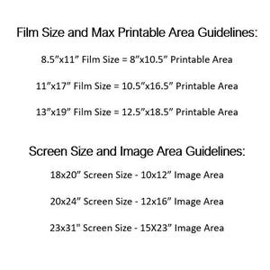 Puede incluir: Un gr&aacute;fico blanco con texto negro que detalla las pautas de tama&ntilde;o de pel&iacute;cula, &aacute;rea imprimible, tama&ntilde;o de pantalla y &aacute;rea de imagen. Incluye medidas en pulgadas para varios tama&ntilde;os, como 8.5"x11" tama&ntilde;o de pel&iacute;cula.