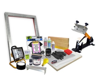May include: Screen printing kit with a guide book, a wooden frame, a squeegee, a printing press, ink, gloves, and a light.