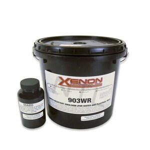 May include: A black plastic bucket with a white label that reads "903WR Water Resistant Emulsion (for Water and Plastic Prints)" and a smaller black bottle with a white label that reads "Diazo".