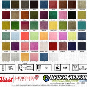 Op de afbeelding: Een kaart met 36 verschillende kleuren hittetransferfolie. De kleuren zijn gerangschikt in een raster met de namen van elke kleur eronder. De kaart bevat ook informatie over de temperatuur-, tijd- en druk instellingen voor het gebruik van de folie.