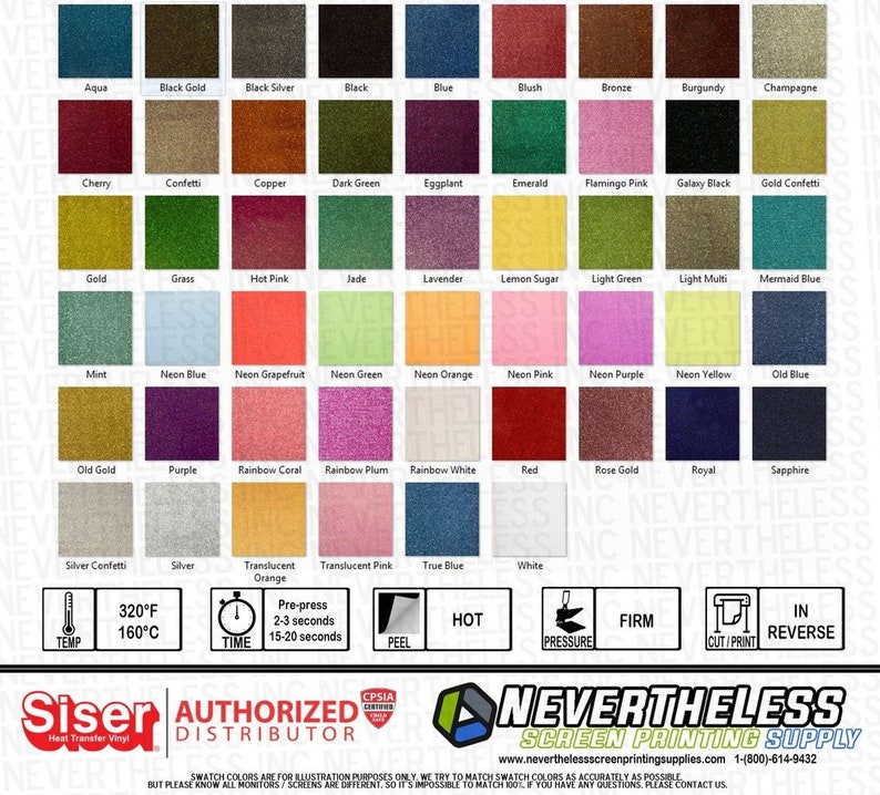 Op de afbeelding: Een kaart met 36 verschillende kleuren hittetransferfolie. De kleuren zijn gerangschikt in een raster met de namen van elke kleur eronder. De kaart bevat ook informatie over de temperatuur-, tijd- en druk instellingen voor het gebruik van de folie.