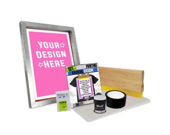 May include: A screen printing kit with a silver frame, a pink screen, a squeegee, a guidebook, a jar of black ink, and a roll of tape. The guidebook has the text "DIY Screen Printing Guidebook Do It Yourself".