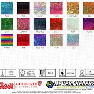 May include: A chart of 16 different colors of heat transfer vinyl. The colors are arranged in a grid of four rows and four columns. The colors are: Aqua, Black, Crystal, Fuschia, Gold Crystal, Gold, Green, Light Pink, Navy Blue, Orange, Pearl, Purple, Rainbow, Red, Royal Blue, Silver, Sky. The chart also includes information about the heat press settings, such as temperature, time, and pressure.