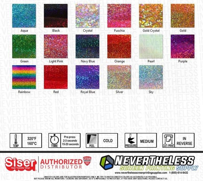 May include: A chart of 16 different colors of heat transfer vinyl. The colors are arranged in a grid of four rows and four columns. The colors are: Aqua, Black, Crystal, Fuschia, Gold Crystal, Gold, Green, Light Pink, Navy Blue, Orange, Pearl, Purple, Rainbow, Red, Royal Blue, Silver, Sky. The chart also includes information about the heat press settings, such as temperature, time, and pressure.