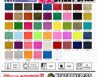 Op de afbeelding: Een kleurenkaart voor Glitter by Siser hitteoverdrachtvinyl met 64 gelabelde stalen in diverse tinten. Bevat toepassingsinstructies voor 160 graden Celsius, 15-20 seconden, heet pellen, stevige druk en in spiegelbeeld snijden.
