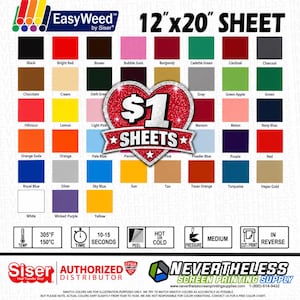 Puede incluir: Una carta de colores para vinilo de transferencia térmica EasyWeed de Siser, con hojas de 12 por 20 pulgadas en varios colores como negro, rojo, azul y amarillo. Un gráfico de corazón central muestra el texto $1 SHEETS. Incluye instrucciones.